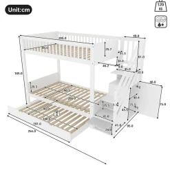 Enfant Redom Lit superposé 90x200 cm avec lit gigogne et armoire intégrée, escalier coffre en pin blanc