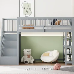 Enfant Redom Lit superposé 90x200 cm avec rangements intégrés et échelle de sécurité en bois massif, gain de place