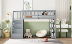 Enfant Redom Lit superposé 90x200 cm avec rangements intégrés et échelle de sécurité en bois massif, gain de place