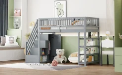 Enfant Redom Lit superposé 90x200 cm avec rangements intégrés et échelle de sécurité en bois massif, gain de place