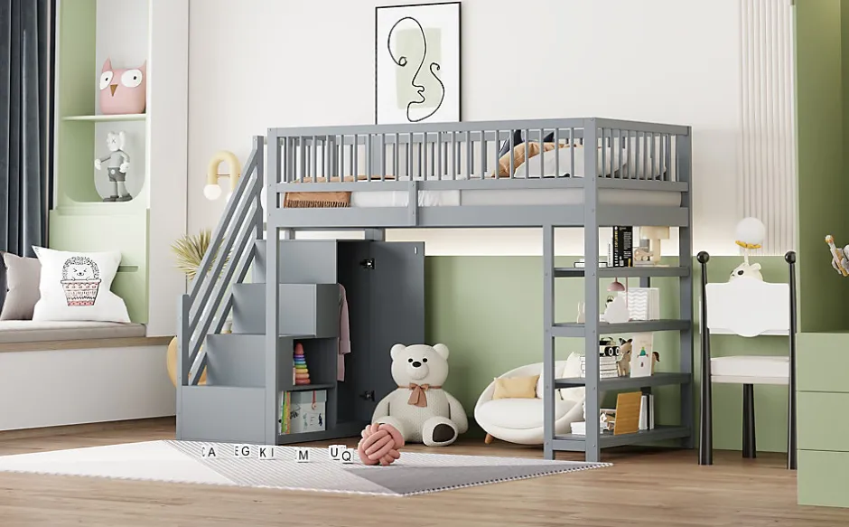 Enfant Redom Lit superposé 90x200 cm avec rangements intégrés et échelle de sécurité en bois massif, gain de place