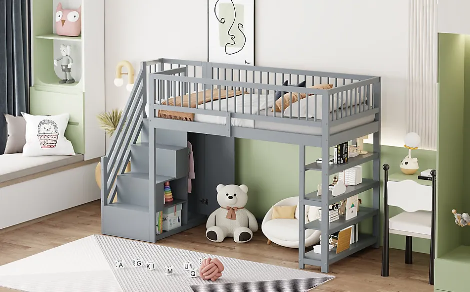 Enfant Redom Lit superposé 90x200 cm avec rangements intégrés et échelle de sécurité en bois massif, gain de place