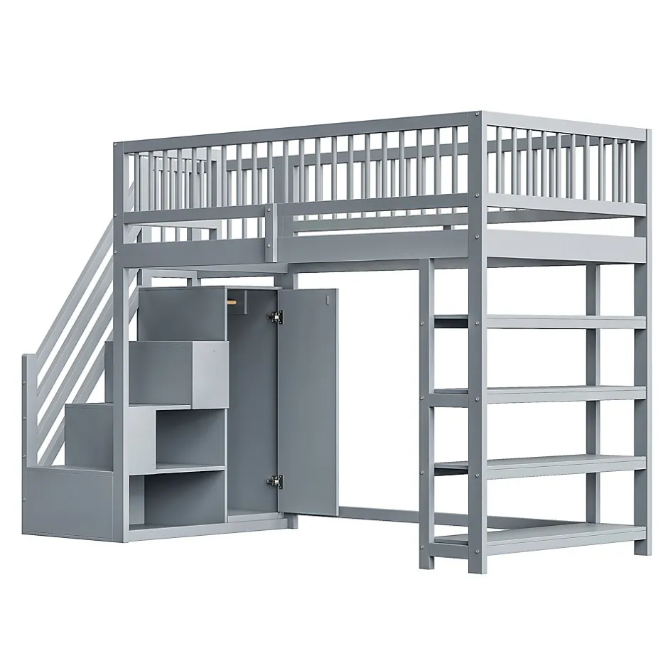 Enfant Redom Lit superposé 90x200 cm avec rangements intégrés et échelle de sécurité en bois massif, gain de place