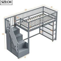 Enfant Redom Lit superposé 90x200 cm avec rangements intégrés et échelle de sécurité en bois massif, gain de place