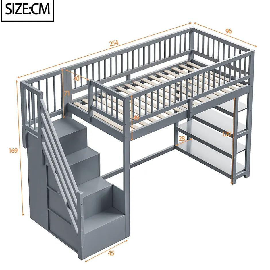 Enfant Redom Lit superposé 90x200 cm avec rangements intégrés et échelle de sécurité en bois massif, gain de place