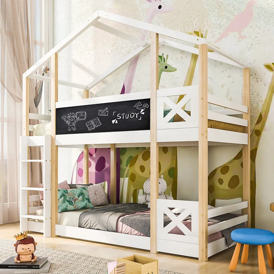 Enfant Redom Lit superposé 90x200 cm avec sommier inclus et échelle intégrée, toit ludique et tableau, pin massif/MDF blanc