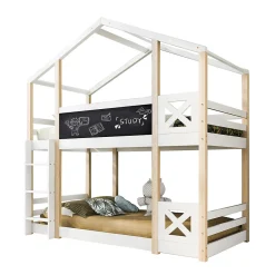 Enfant Redom Lit superposé 90x200 cm avec sommier inclus et échelle intégrée, toit ludique et tableau, pin massif/MDF blanc