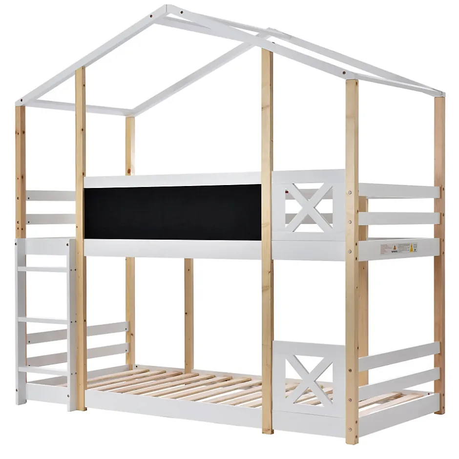 Enfant Redom Lit superposé 90x200 cm avec sommier inclus et échelle intégrée, toit ludique et tableau, pin massif/MDF blanc