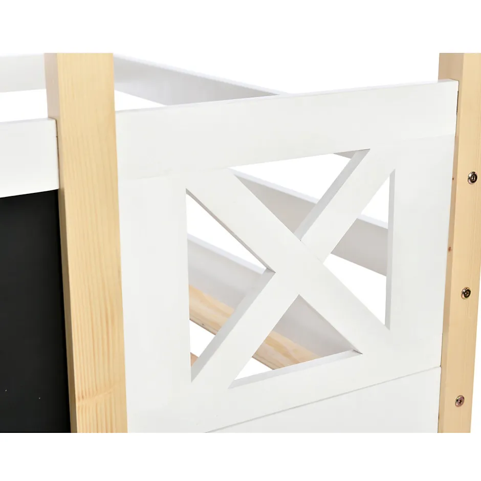 Enfant Redom Lit superposé 90x200 cm avec sommier inclus et échelle intégrée, toit ludique et tableau, pin massif/MDF blanc
