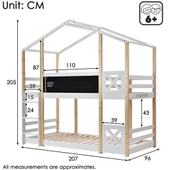 Enfant Redom Lit superposé 90x200 cm avec sommier inclus et échelle intégrée, toit ludique et tableau, pin massif/MDF blanc