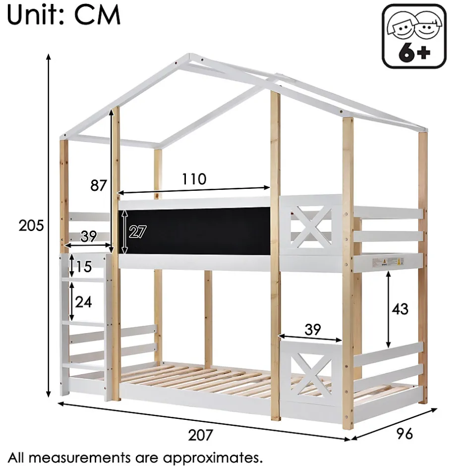 Enfant Redom Lit superposé 90x200 cm avec sommier inclus et échelle intégrée, toit ludique et tableau, pin massif/MDF blanc