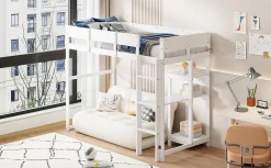 Redom Lit superposé 90x200 cm avec étagère intégrée et garde-corps, structure en pin massif blanc, solution gain de place Online