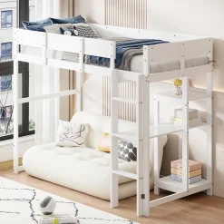 Redom Lit superposé 90x200 cm avec étagère intégrée et garde-corps, structure en pin massif blanc, solution gain de place Online