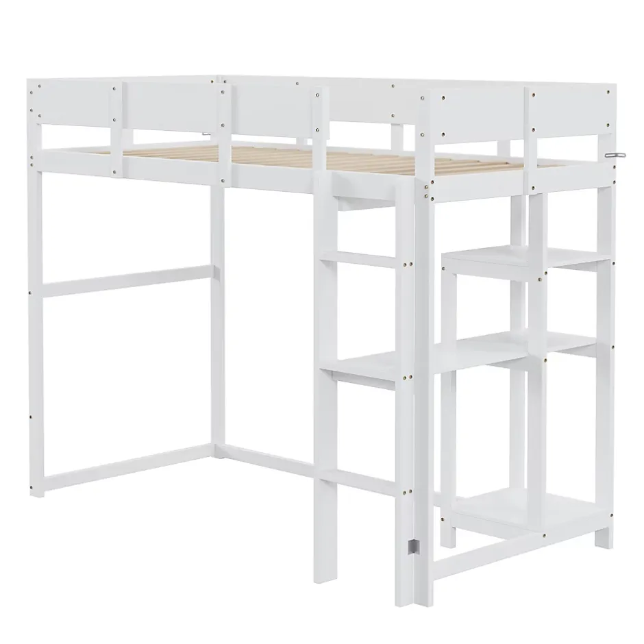 Redom Lit superposé 90x200 cm avec étagère intégrée et garde-corps, structure en pin massif blanc, solution gain de place Online
