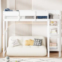 Redom Lit superposé 90x200 cm avec étagère intégrée et garde-corps, structure en pin massif blanc, solution gain de place Online