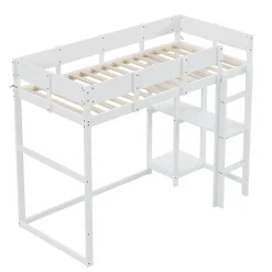 Redom Lit superposé 90x200 cm avec étagère intégrée et garde-corps, structure en pin massif blanc, solution gain de place Online