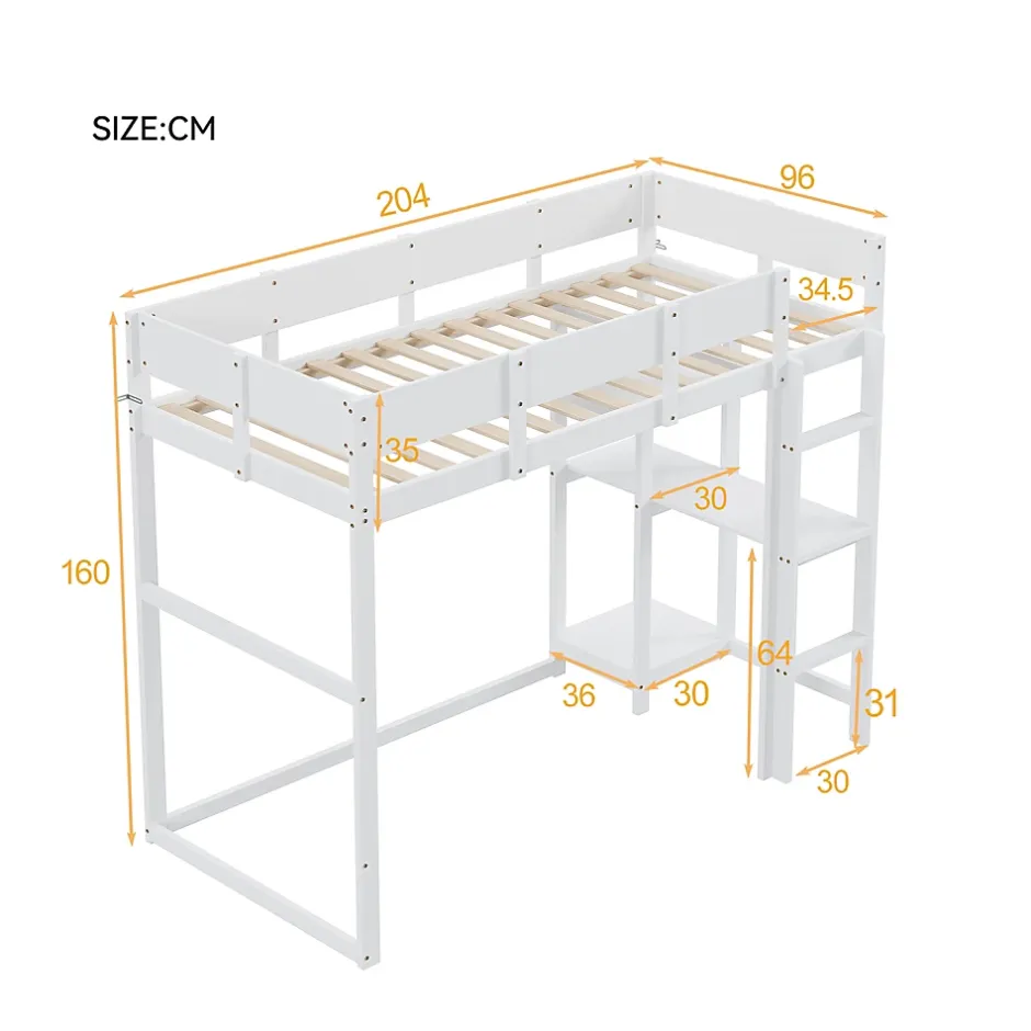 Redom Lit superposé 90x200 cm avec étagère intégrée et garde-corps, structure en pin massif blanc, solution gain de place Online