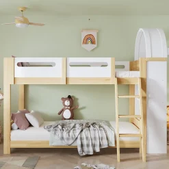 Enfant Redom Lit superposé 90x200 cm avec étagère 3 niveaux et échelle 3 marches en pin massif/MDF