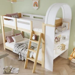 Enfant Redom Lit superposé 90x200 cm avec étagère 3 niveaux et échelle 3 marches en pin massif/MDF