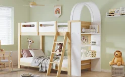Enfant Redom Lit superposé 90x200 cm avec étagère 3 niveaux et échelle 3 marches en pin massif/MDF