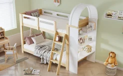 Enfant Redom Lit superposé 90x200 cm avec étagère 3 niveaux et échelle 3 marches en pin massif/MDF