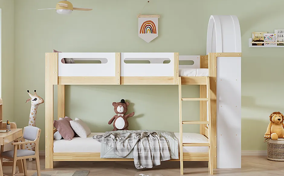 Enfant Redom Lit superposé 90x200 cm avec étagère 3 niveaux et échelle 3 marches en pin massif/MDF