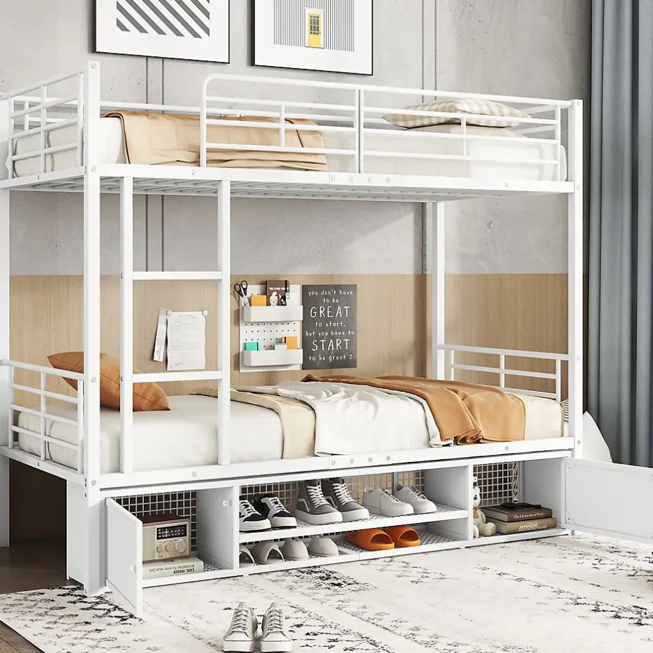 Redom Lit superposé 90x200 cm avec étagère à chaussures intégrée et échelle 3 marches, métal blanc Online