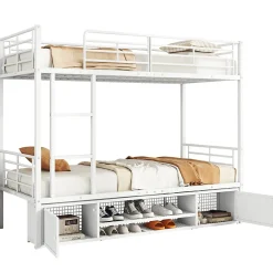 Redom Lit superposé 90x200 cm avec étagère à chaussures intégrée et échelle 3 marches, métal blanc Online