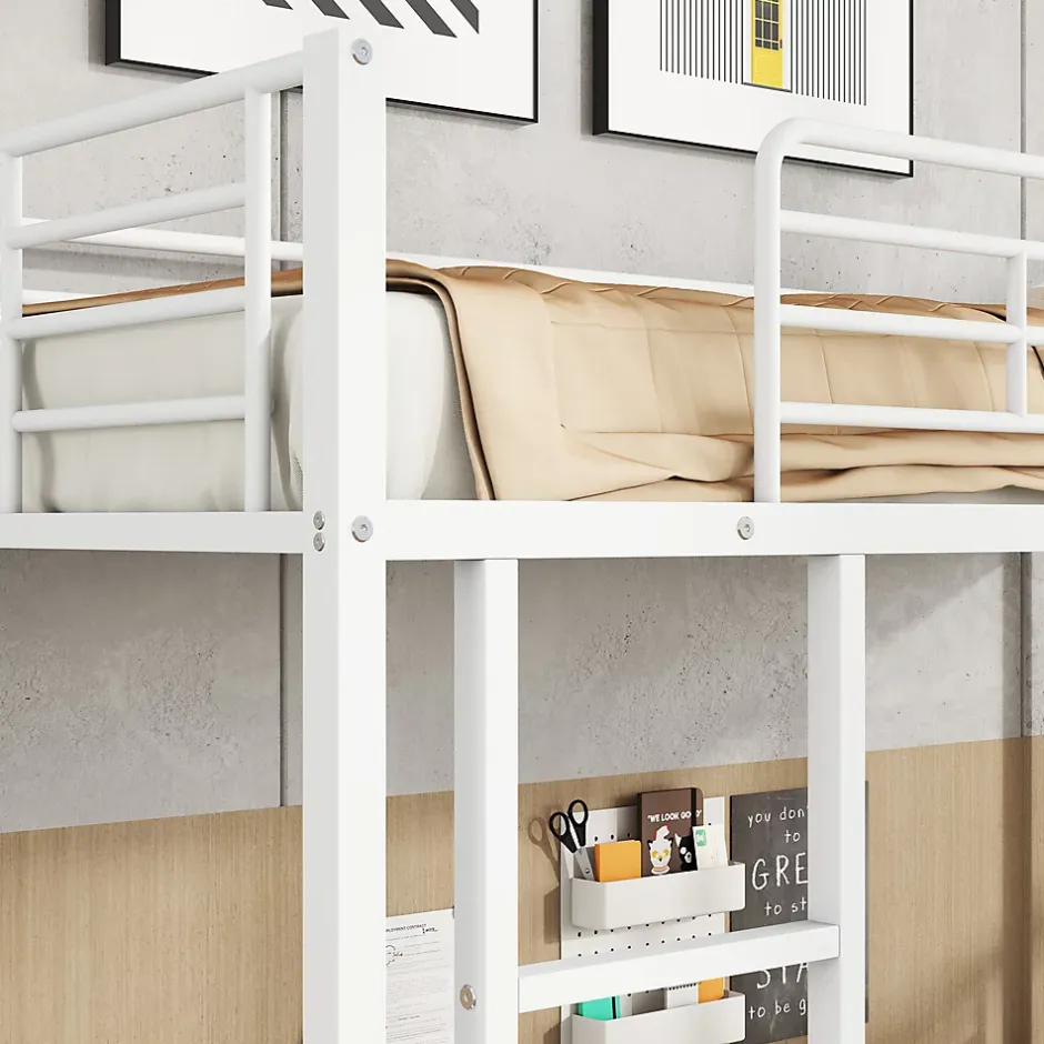 Redom Lit superposé 90x200 cm avec étagère à chaussures intégrée et échelle 3 marches, métal blanc Online