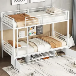 Redom Lit superposé 90x200 cm avec étagère à chaussures intégrée et échelle 3 marches, métal blanc Online