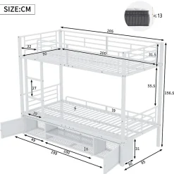 Redom Lit superposé 90x200 cm avec étagère à chaussures intégrée et échelle 3 marches, métal blanc Online