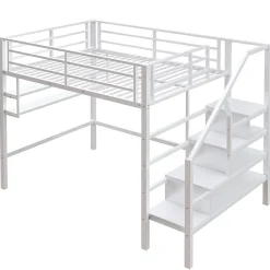 Redom Lit superposé 140x200 cm avec étagères intégrées et échelle de rangement, structure métal blanche Best