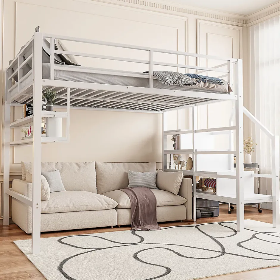Redom Lit superposé 140x200 cm avec étagères intégrées et échelle de rangement, structure métal blanche Best