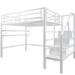 Redom Lit superposé 140x200 cm avec étagères intégrées et échelle de rangement, structure métal blanche Best