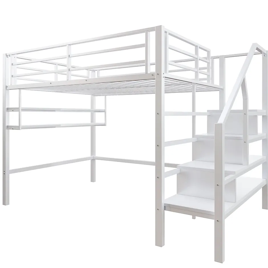 Redom Lit superposé 140x200 cm avec étagères intégrées et échelle de rangement, structure métal blanche Best