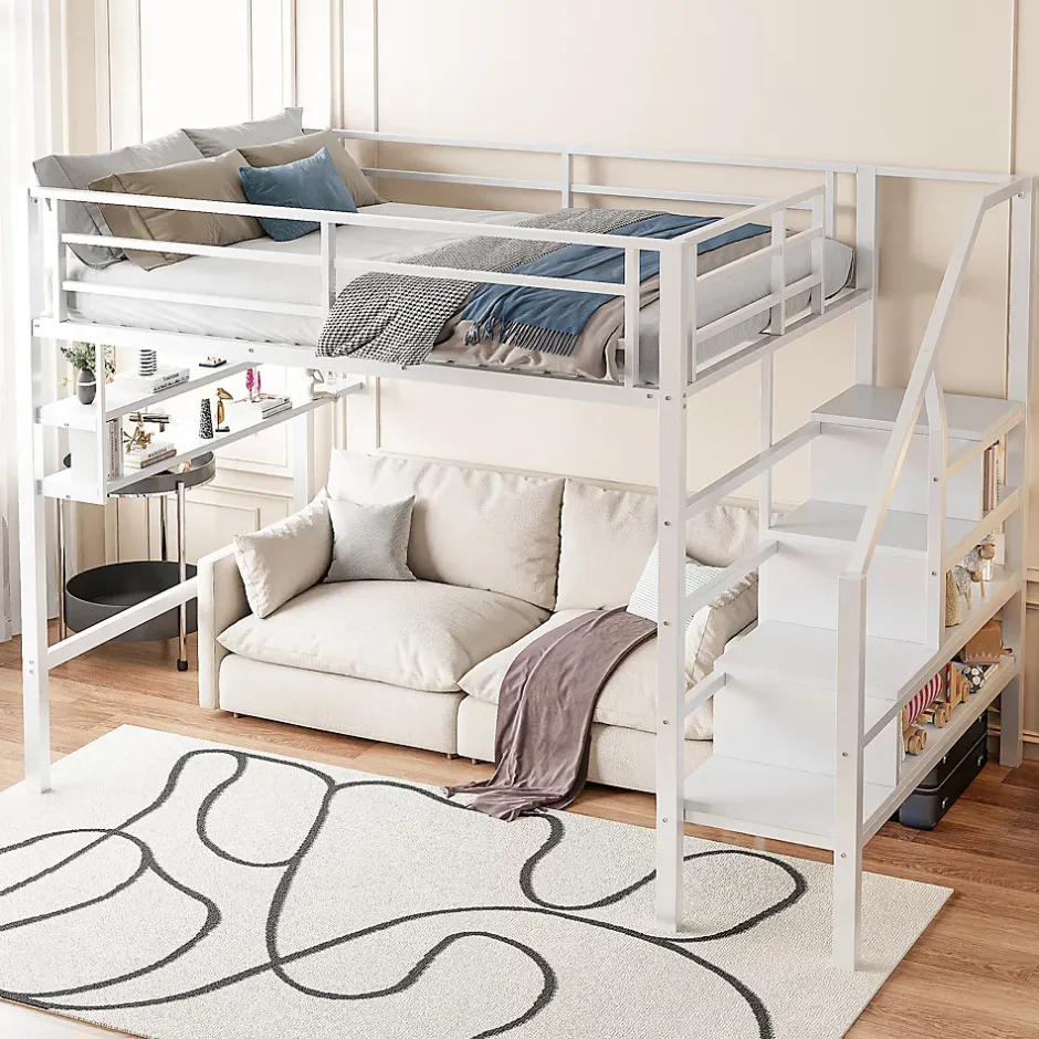 Redom Lit superposé 140x200 cm avec étagères intégrées et échelle de rangement, structure métal blanche Best