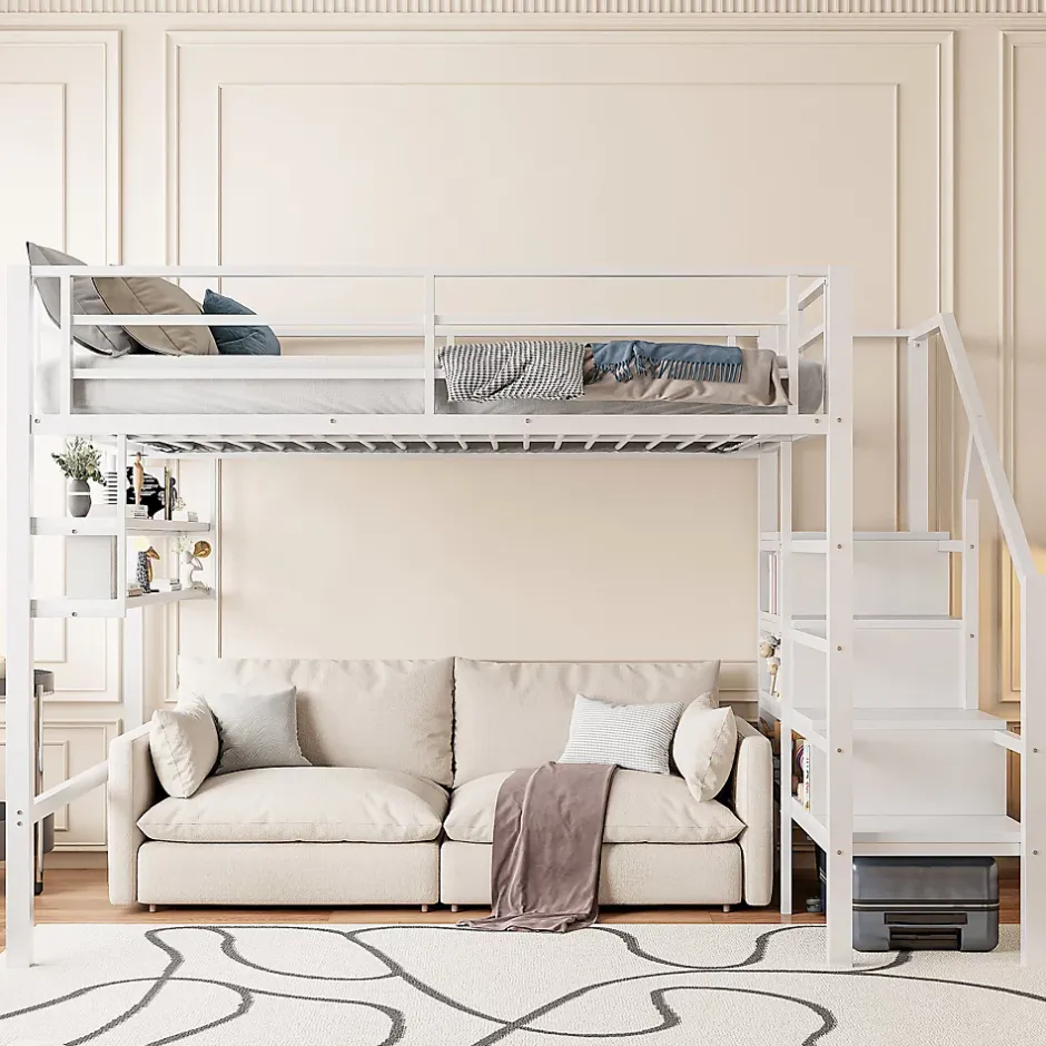 Redom Lit superposé 140x200 cm avec étagères intégrées et échelle de rangement, structure métal blanche Best