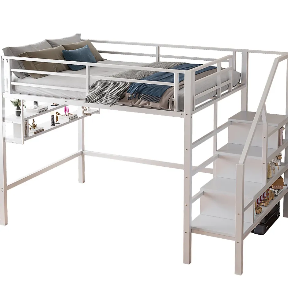 Redom Lit superposé 140x200 cm avec étagères intégrées et échelle de rangement, structure métal blanche Best