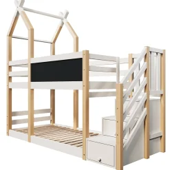 Okwish Lit superposé 90x200 cm avec tableau noir intégré - Lit enfant pratique avec sommiers inclus - Sans matelas - Blanc Best