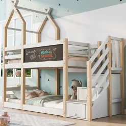 Okwish Lit superposé 90x200 cm avec tableau noir intégré - Lit enfant pratique avec sommiers inclus - Sans matelas - Blanc Best