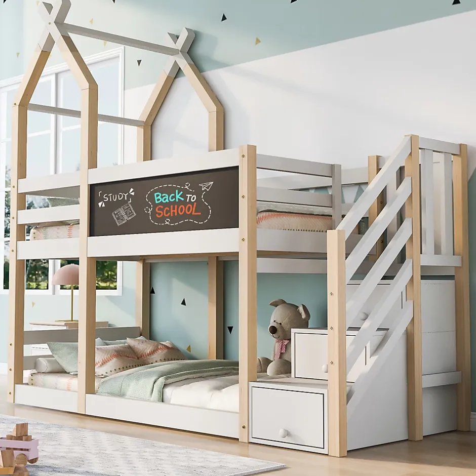 Okwish Lit superposé 90x200 cm avec tableau noir intégré - Lit enfant pratique avec sommiers inclus - Sans matelas - Blanc Best