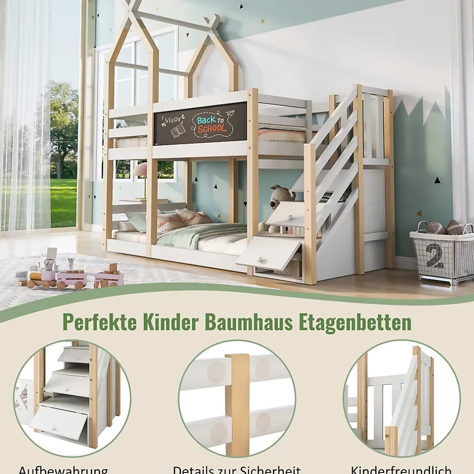 Okwish Lit superposé 90x200 cm avec tableau noir intégré - Lit enfant pratique avec sommiers inclus - Sans matelas - Blanc Best