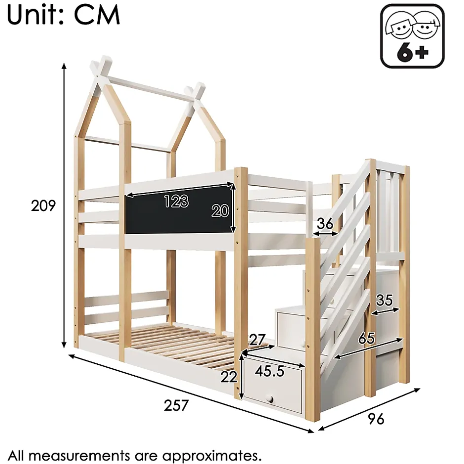 Okwish Lit superposé 90x200 cm avec tableau noir intégré - Lit enfant pratique avec sommiers inclus - Sans matelas - Blanc Best