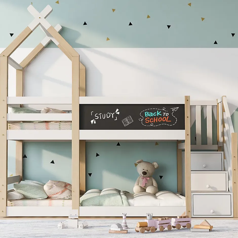 Okwish Lit superposé 90x200 cm avec tableau noir intégré - Lit enfant pratique avec sommiers inclus - Sans matelas - Blanc Best