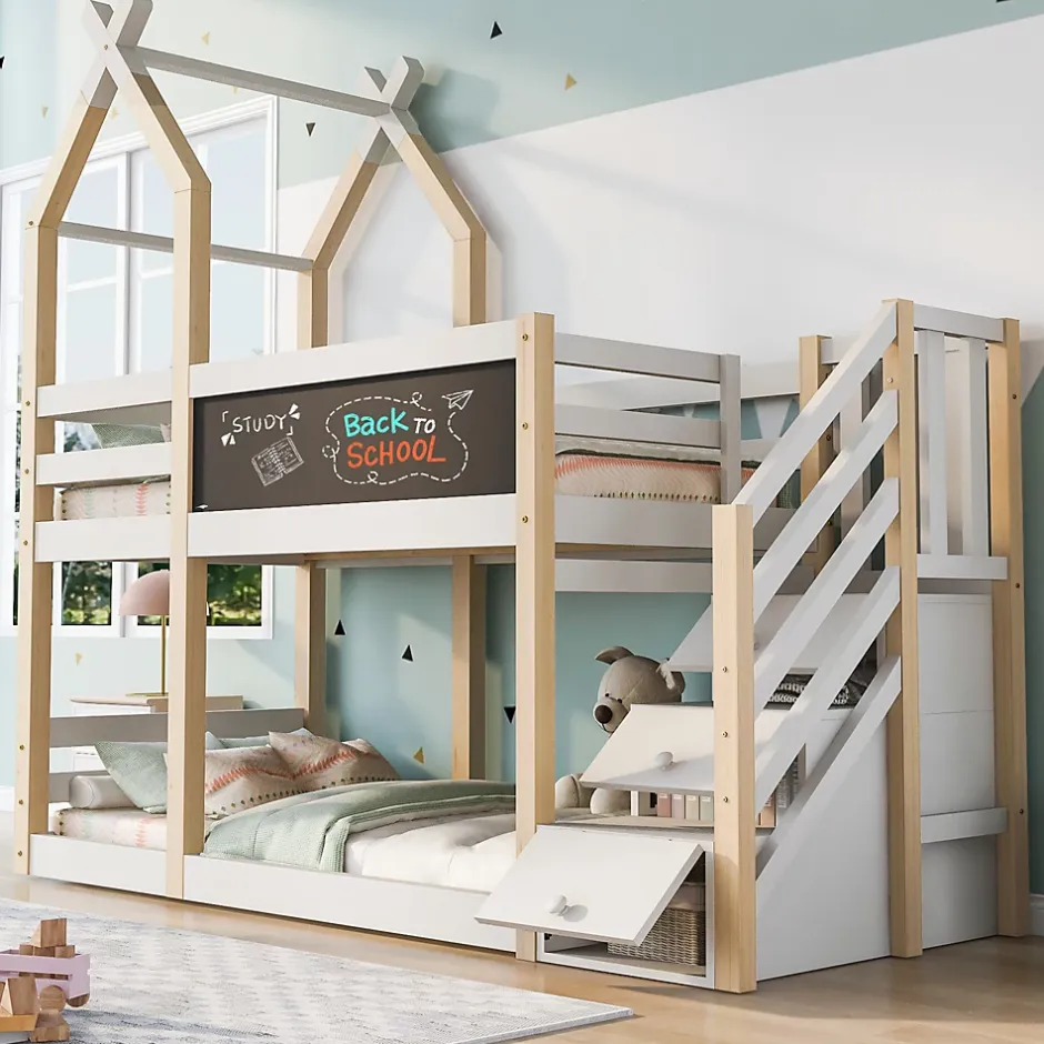 Okwish Lit superposé 90x200 cm avec tableau noir intégré - Lit enfant pratique avec sommiers inclus - Sans matelas - Blanc Best