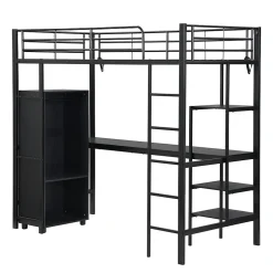 Enfant Fortuna lai Lit superposé 90x200 cm, avec table, armoire, échelle 5 marches, cadre métal, noir