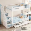 Enfant Redom Lit superposé 90x200 cm avec tiroirs et étagère amovible, structure bois blanc/bleu, échelle sécurisée