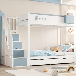 Enfant Redom Lit superposé 90x200 cm avec tiroirs et étagère amovible, structure bois blanc/bleu, échelle sécurisée