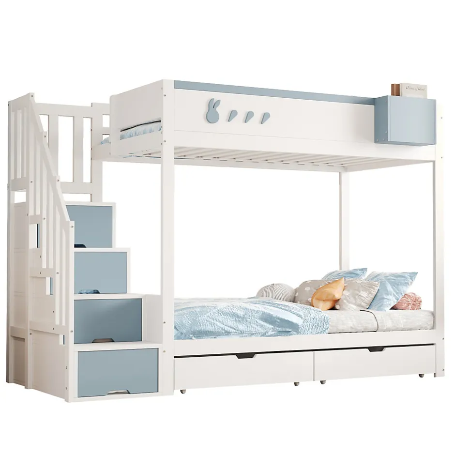 Enfant Redom Lit superposé 90x200 cm avec tiroirs et étagère amovible, structure bois blanc/bleu, échelle sécurisée