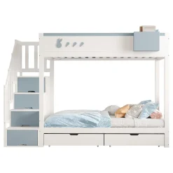 Enfant Redom Lit superposé 90x200 cm avec tiroirs et étagère amovible, structure bois blanc/bleu, échelle sécurisée